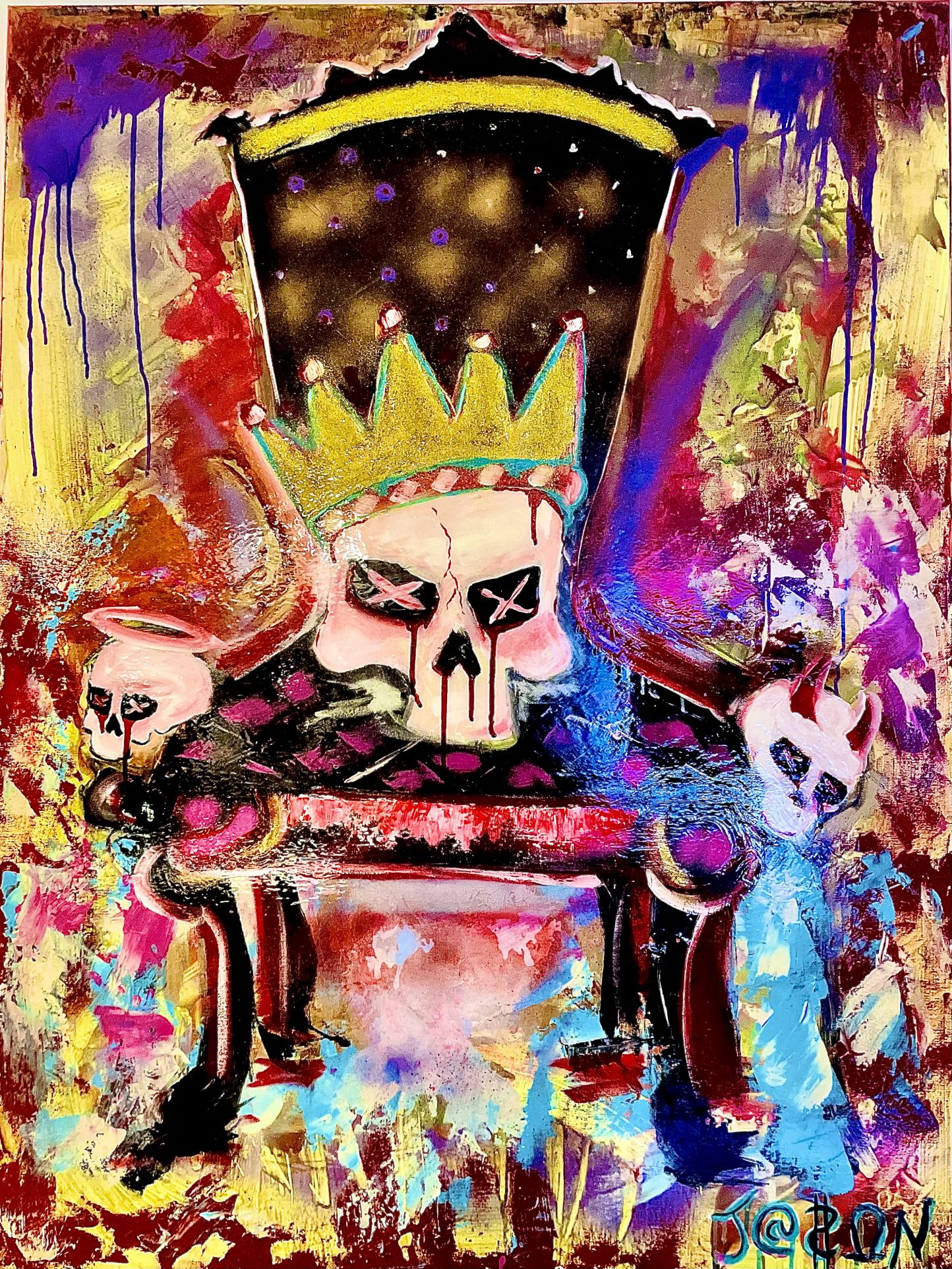C3CB9BC8-25FE-4CE8-9B34-33C746088170 Jason Lois crowned skull on chair painting